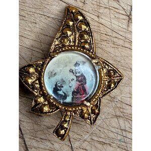 Gold-Tone Leaf Religious Brooch With Virgin Mary & Child Centerpiece Made In Ita